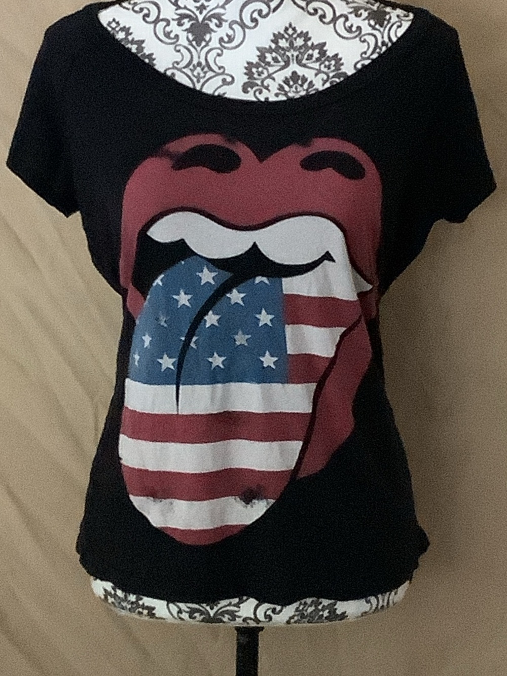 Black Short Sleeve Tee with American Flag Tongue Graphic